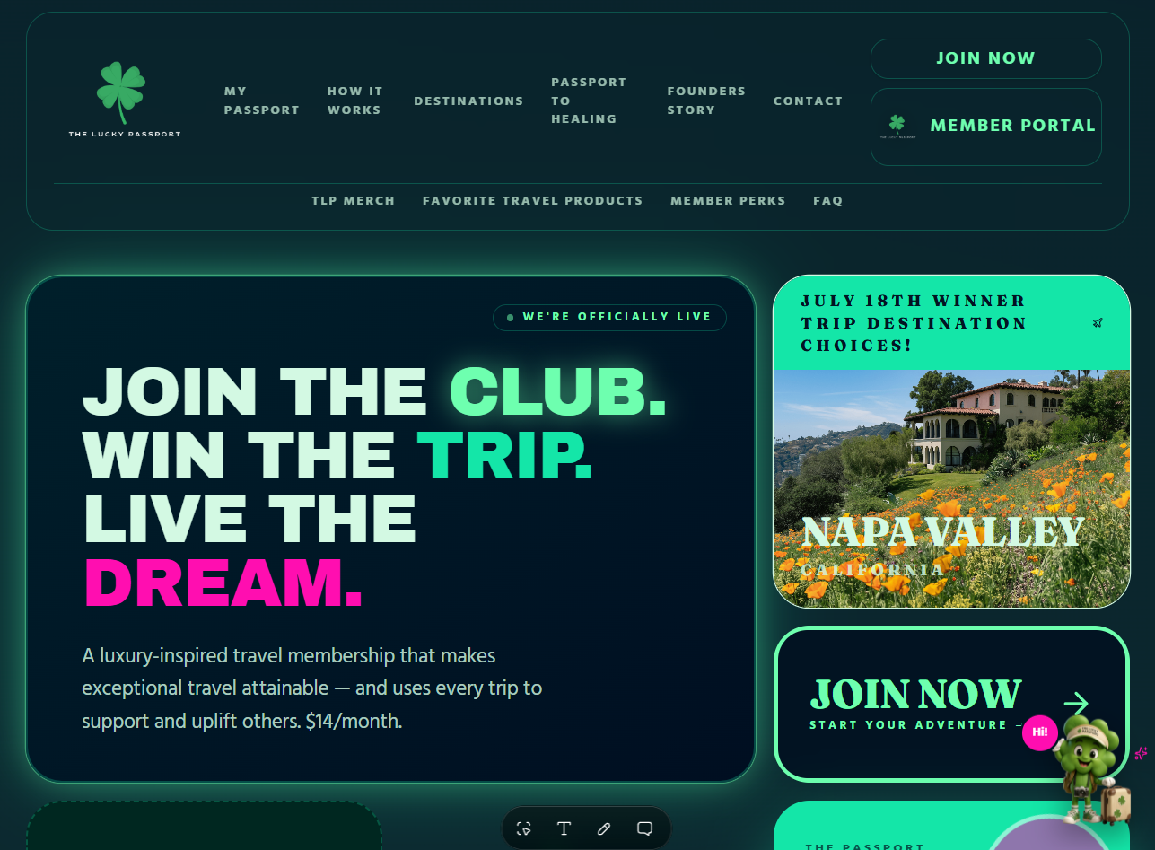 The Lucky Passport travel membership club website preview