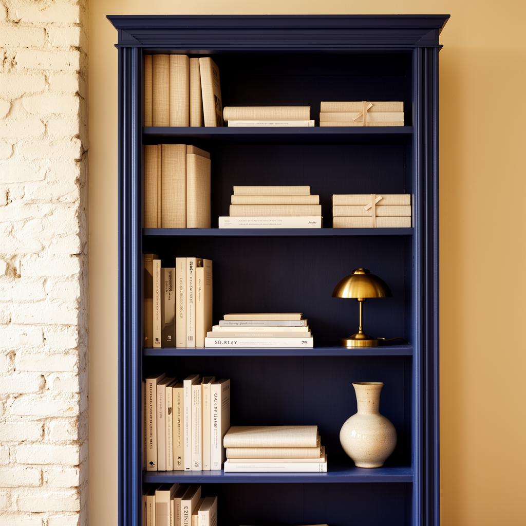 A tall navy-painted bookshelf filled with linen-bound books and a brass lamp.