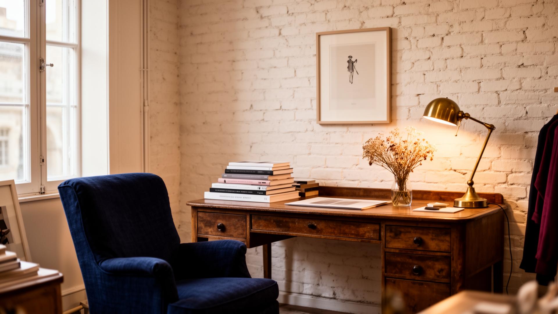A warm office with whitewashed brick walls, a wooden desk, navy chair, and brass lamp.