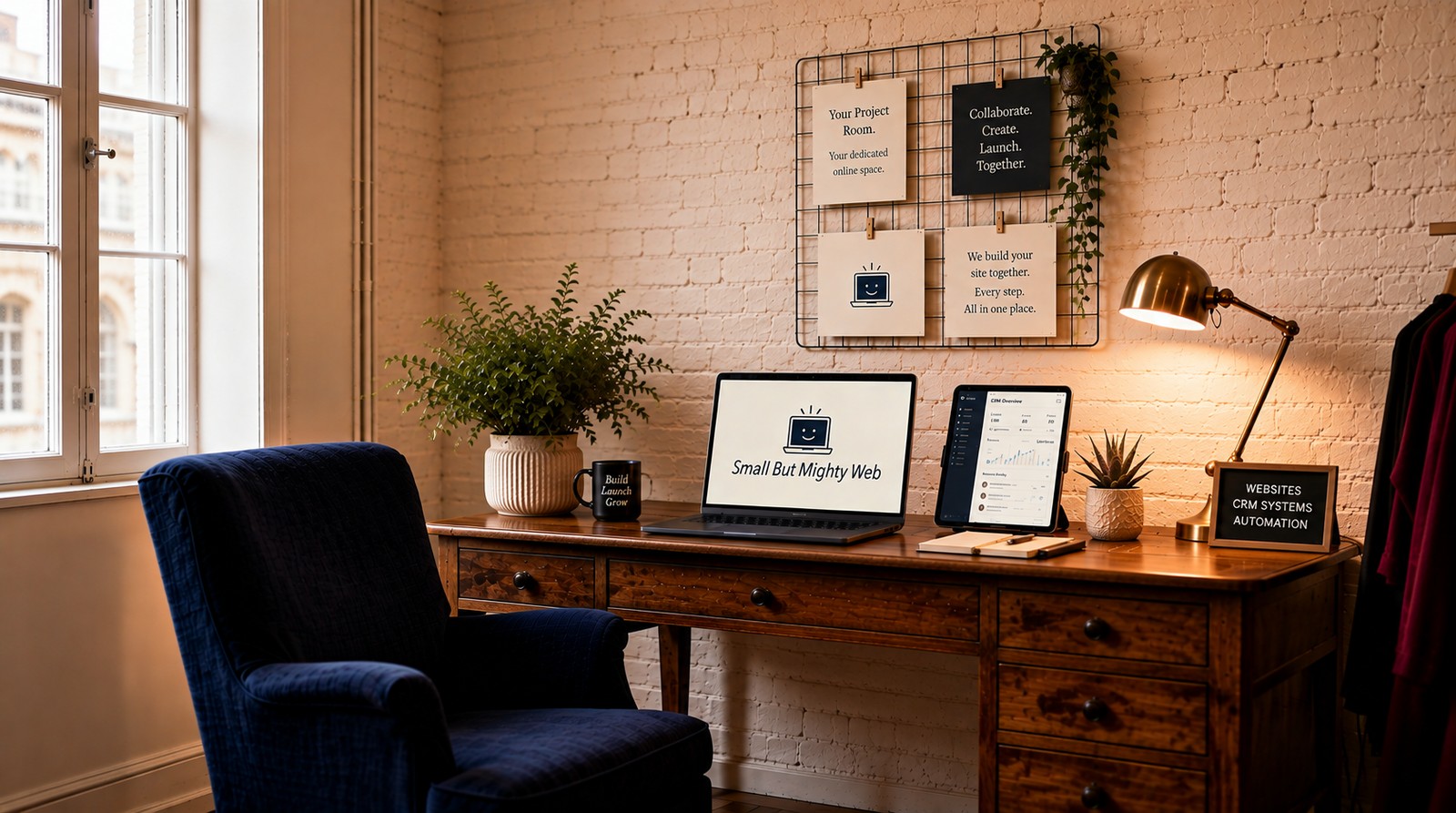 A warm studio desk with an open laptop showing the Small But Mighty Web logo, brass lamp, plants, and a pinboard of Project Room notes.